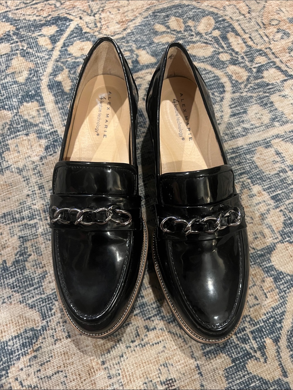 Alex Marie Black Patent Loafers with Silver Chain size 8